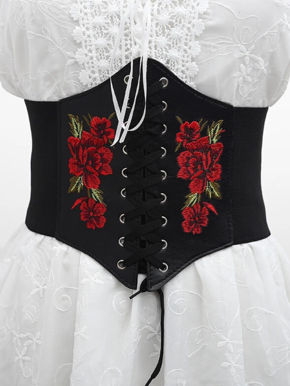 Black Lace-Up Corset Waist Belt with Red Floral Embroidery. 26 inch